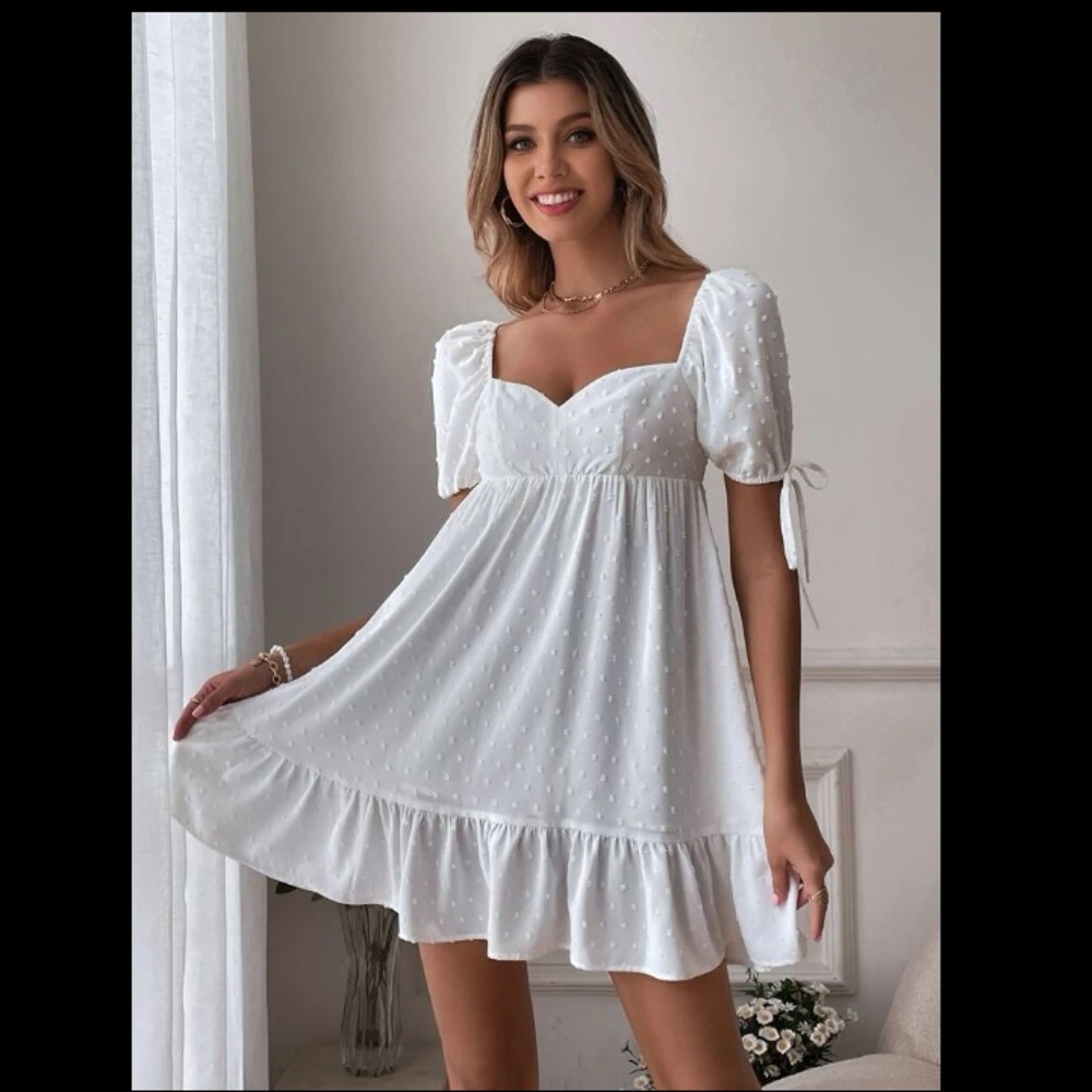 Shein sweetheart neck puff sleeve Swiss dot ruffle hem dress